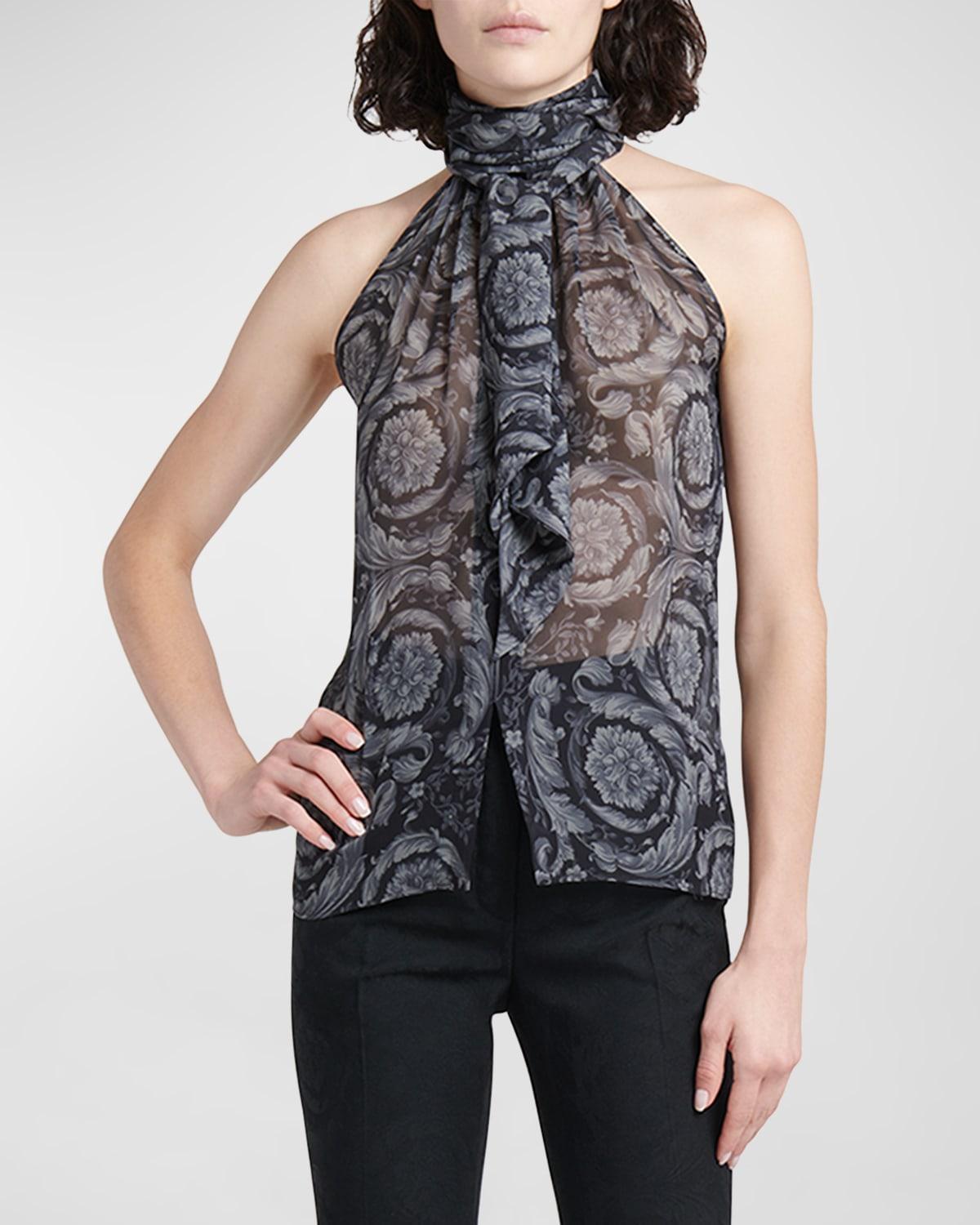 Baroque Print Georgette Silk Blouse with Scarf Neckline Product Image