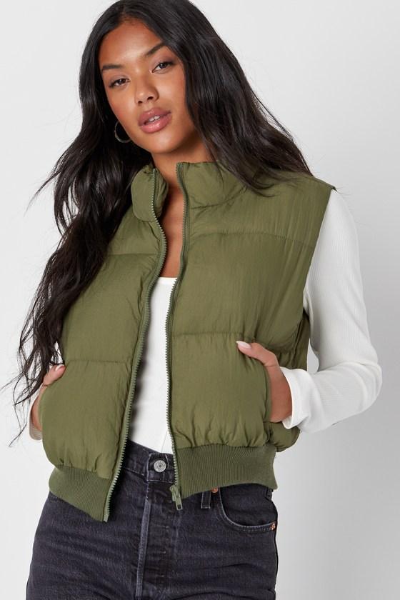 Warm Aesthetic Olive Green Mock Neck Puffer Vest Product Image