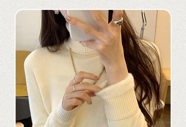 Long-Sleeve Turtleneck Plain Knit Top Product Image