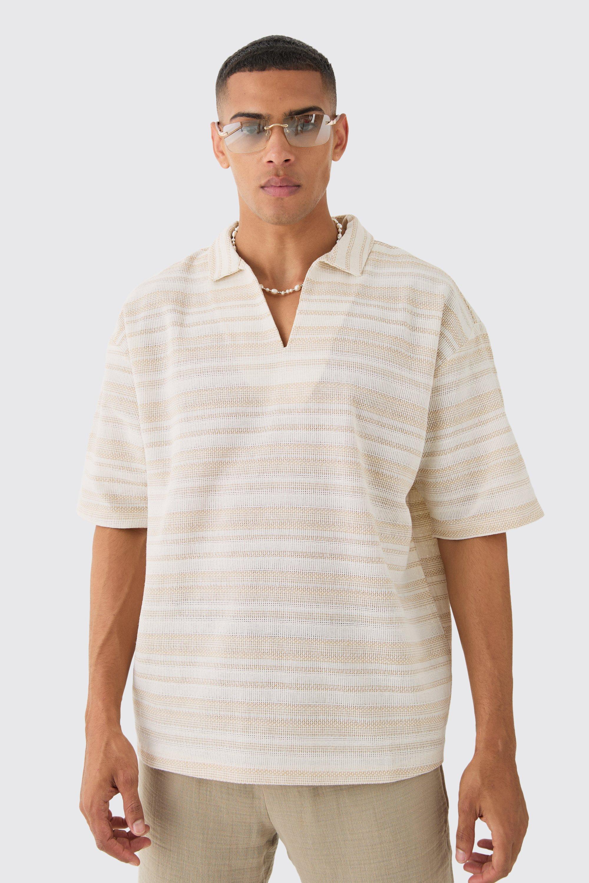 Overhead V Neck Woven Stripe Shirt | boohooMAN USA Product Image