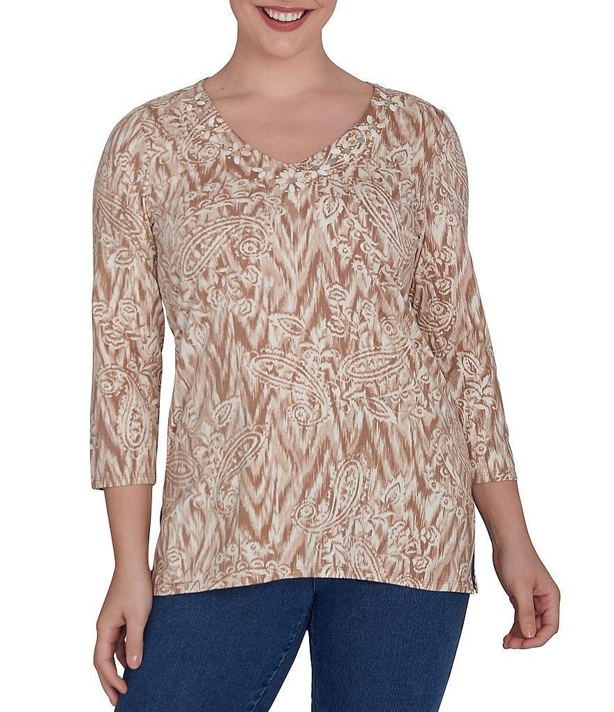 Ruby Rd. Knit Paisley Print Embellished V-Neck 3/4 Sleeve Side Slit Chevron Top Product Image