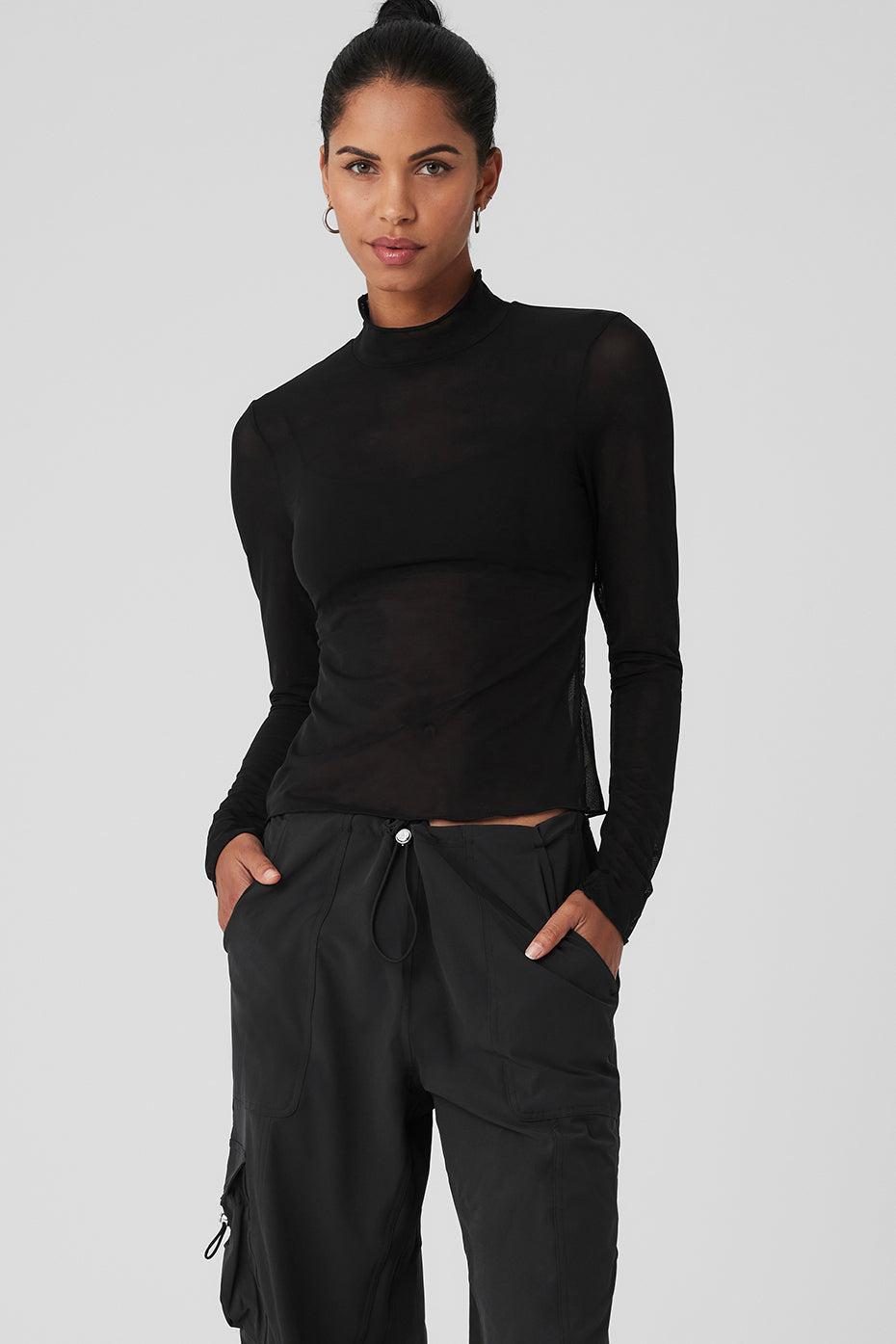 Mesh Sheer Illusion Mock Neck Long Sleeve - Black Product Image