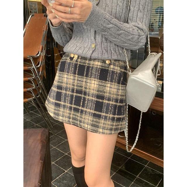 High Rise Plaid Mini A-Line Skirt Product Image