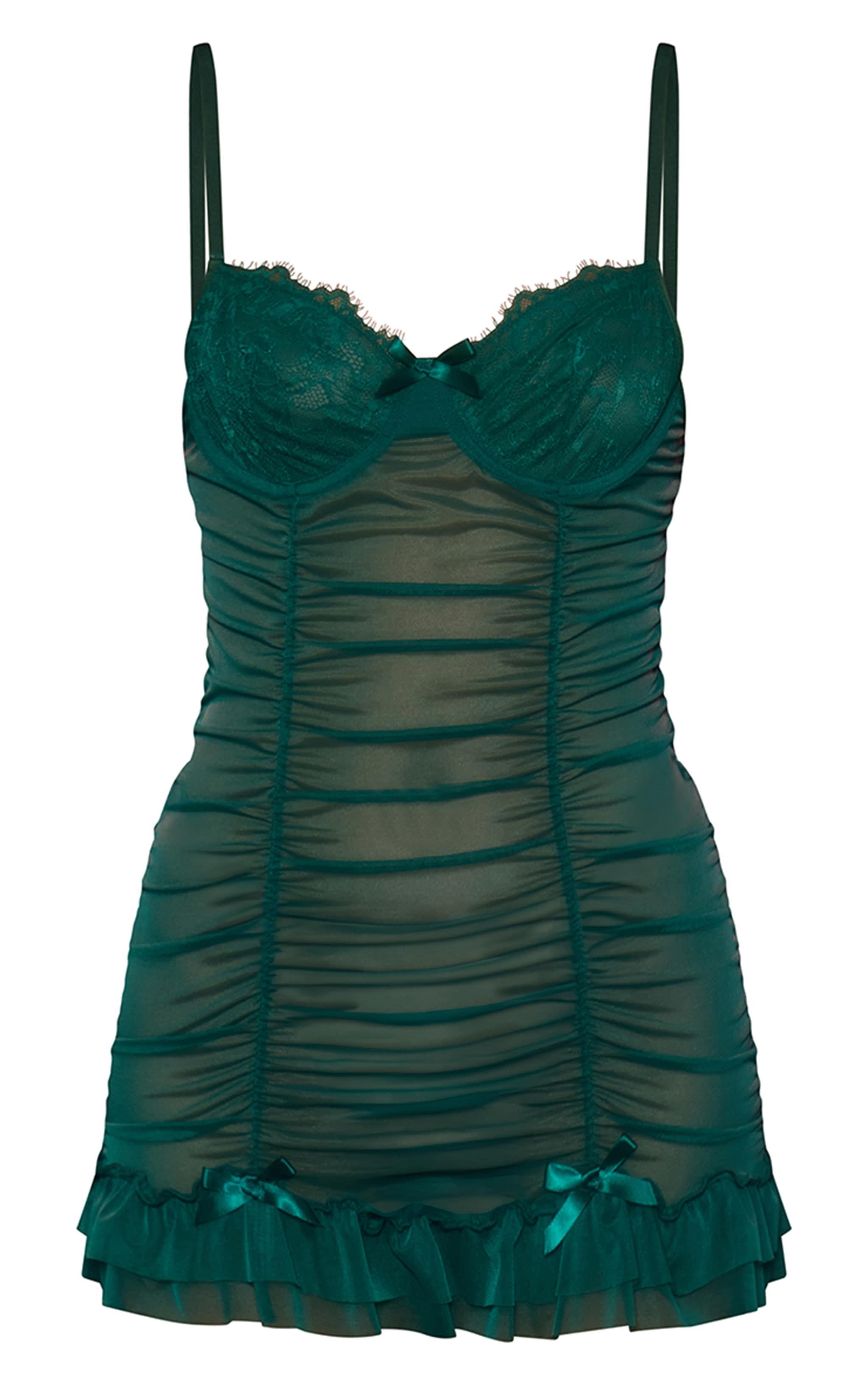 Green Mesh Ruched Slip Dress Lingerie Set Product Image