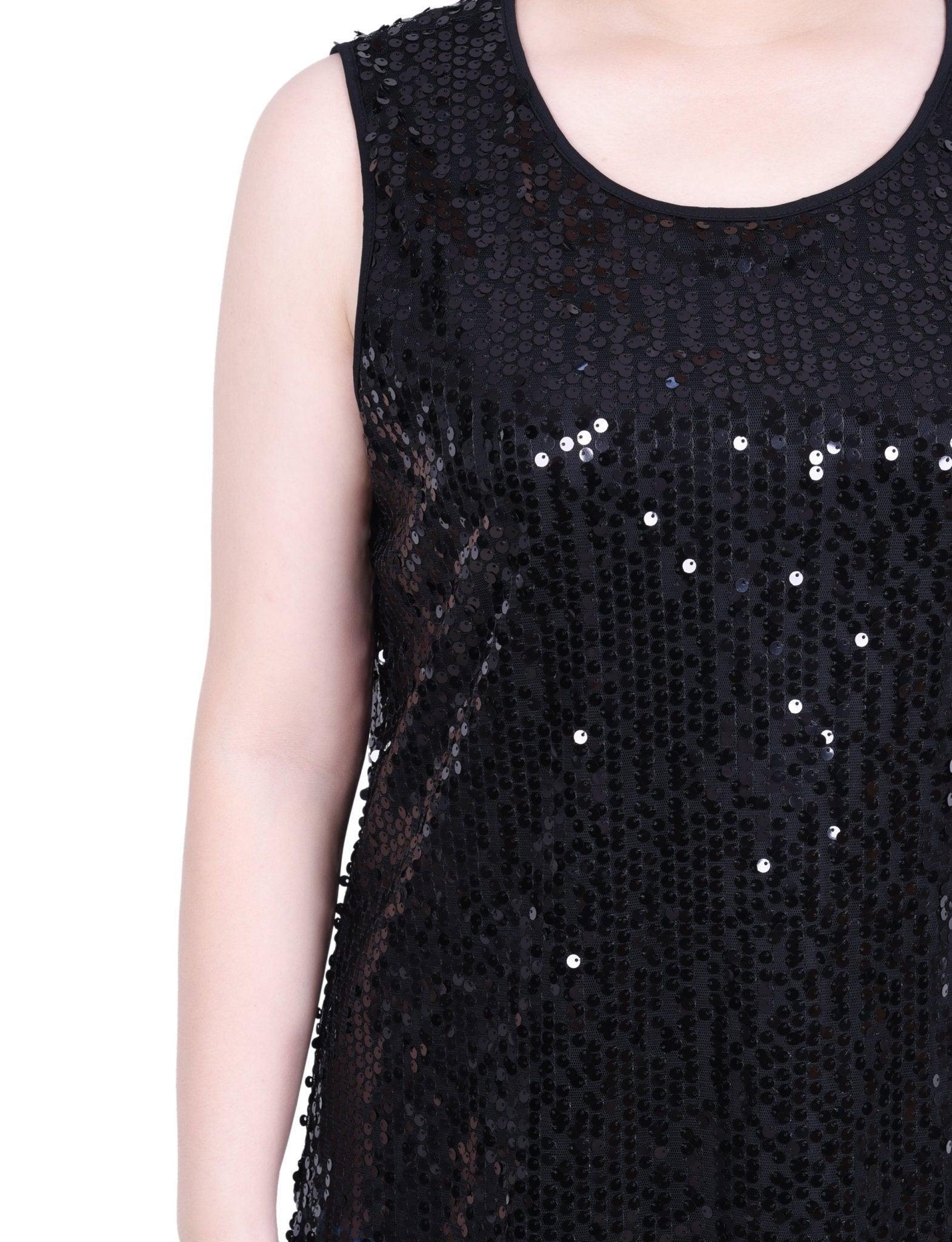 Sleeveless Sequined Tank Top With Combo Banding - Petite Product Image