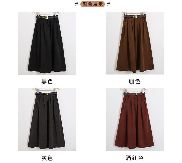 High Waist Plain Midi A-Line Pleated Skirt Product Image