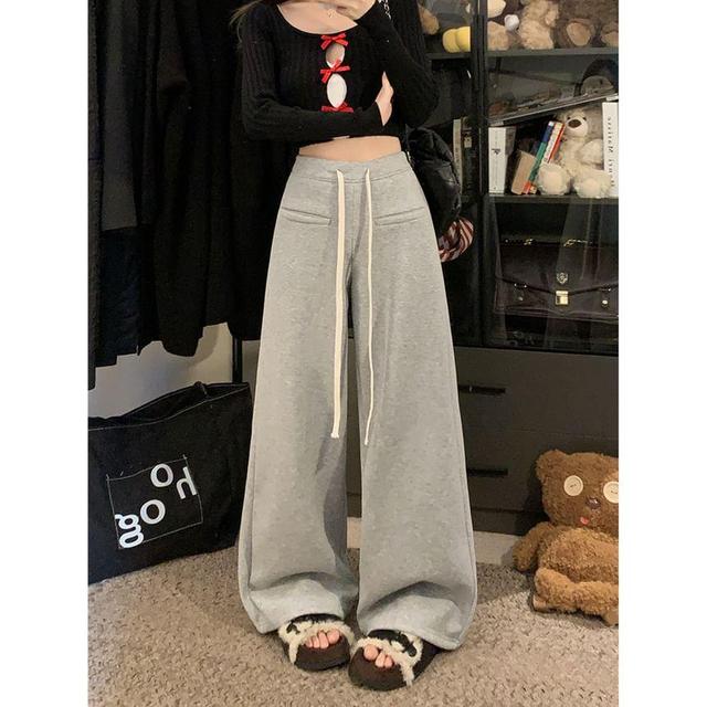 Drawstring Waist Fleece-Lined Wide Leg Pants Product Image