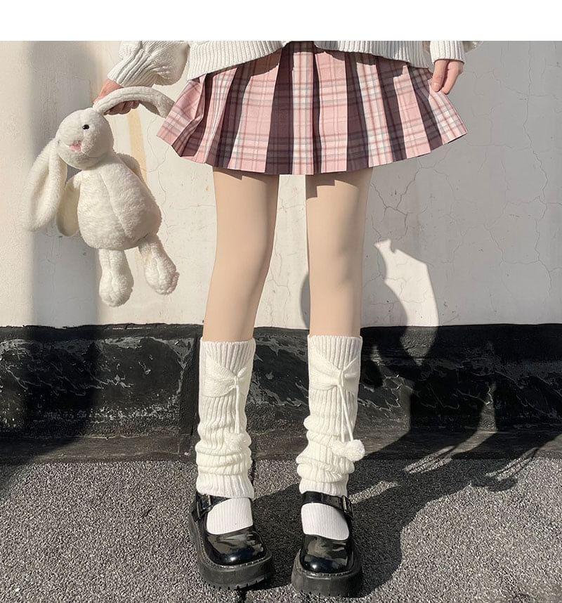 Plain Bow Pom Pom Ribbed Knit Leg Warmers Product Image