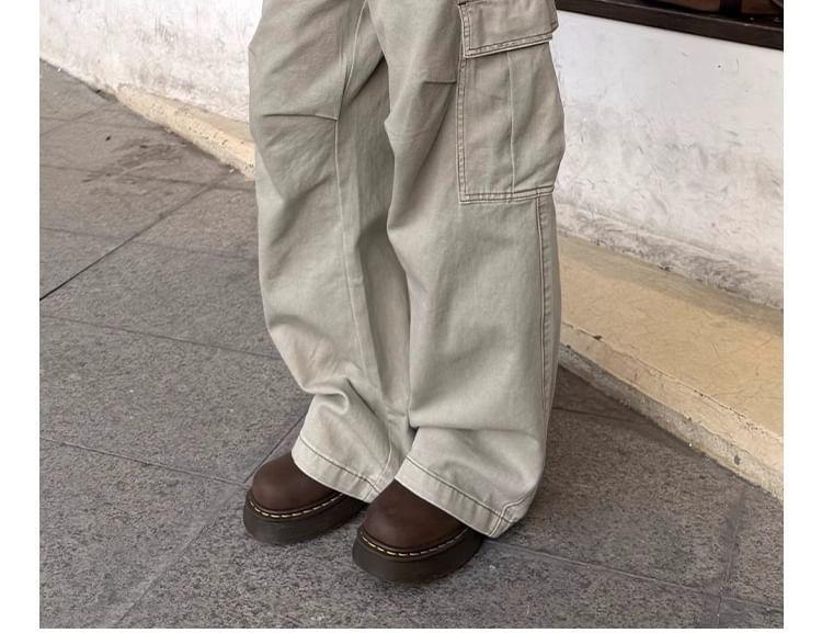 High Waist Plain Wide Leg Cargo Pants Product Image