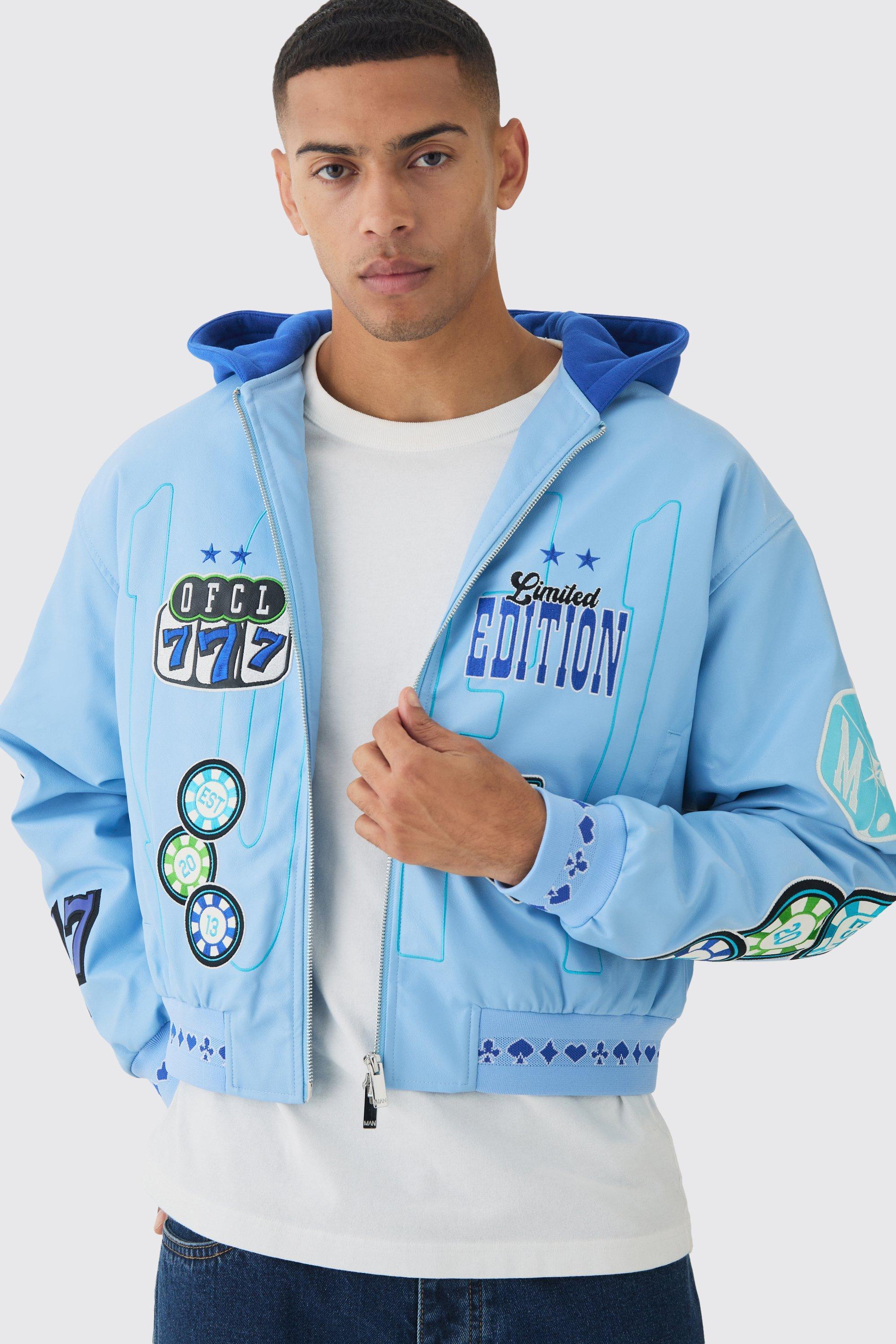 Boxy Hooded Casino Badge Bomber Jacket In Blue | boohooMAN USA Product Image