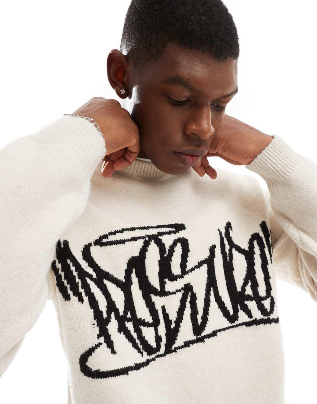 Bershka graphic knitted sweater in white Product Image