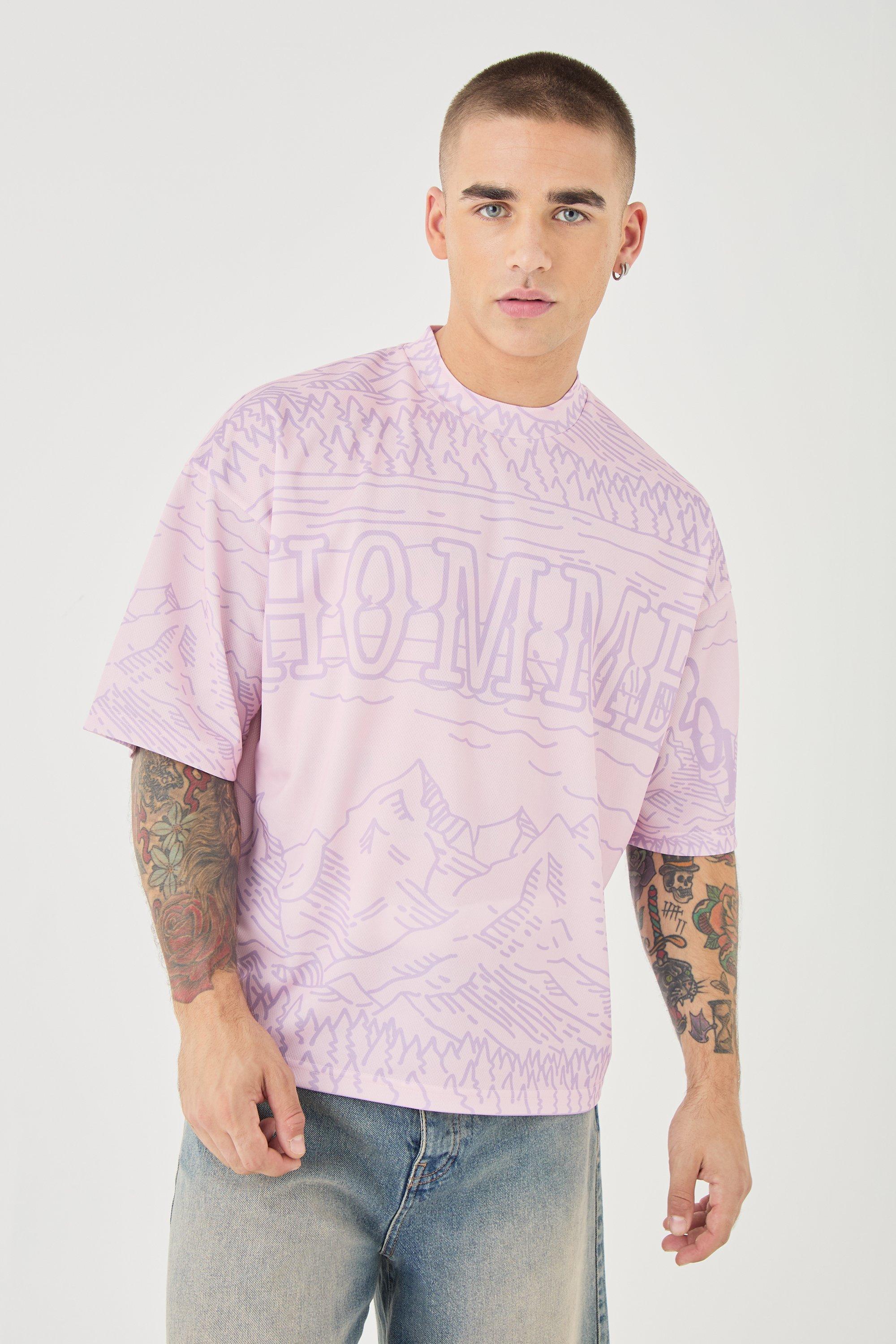 Oversized Extended Neck Boxy Homme Worldwide Mesh Print T-shirt | boohooMAN USA Product Image