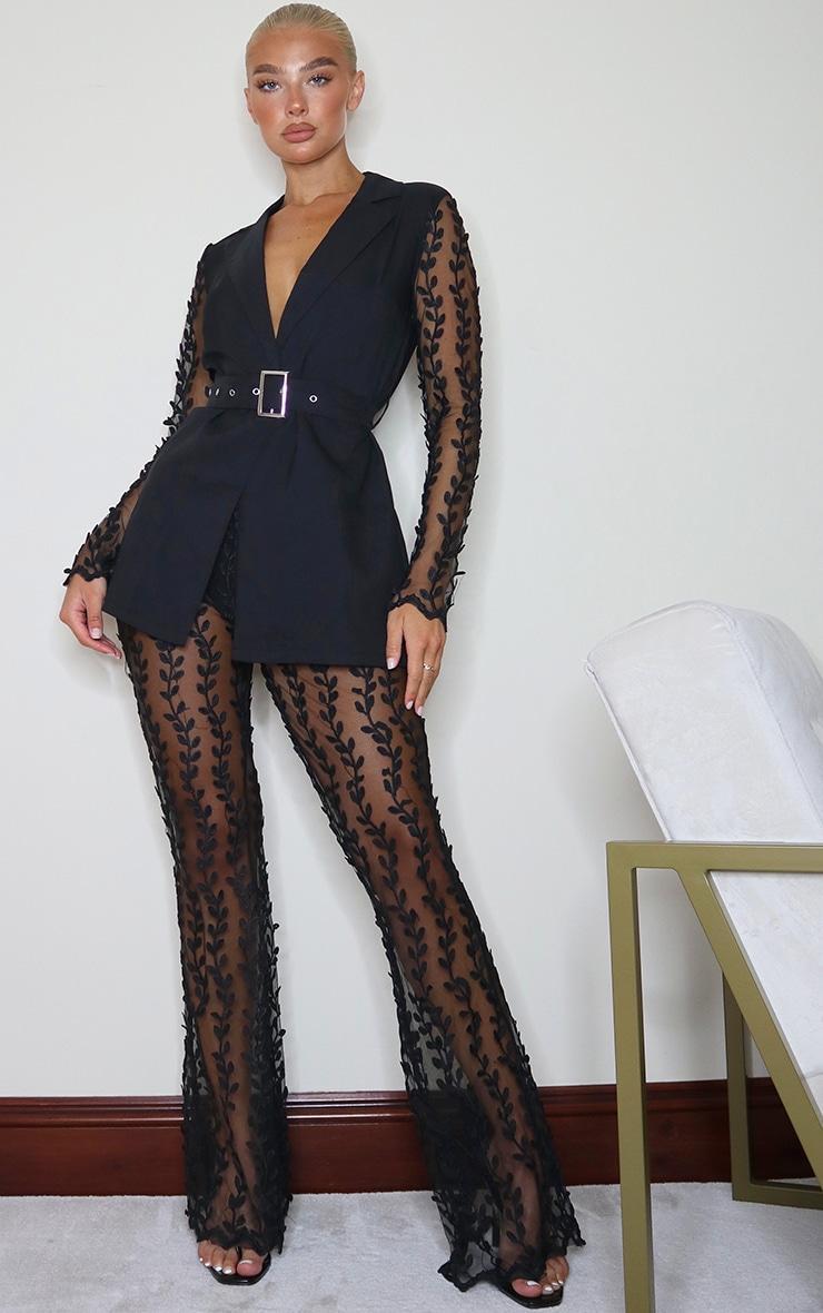 Black Woven Lace Sleeve Belt Blazer Product Image