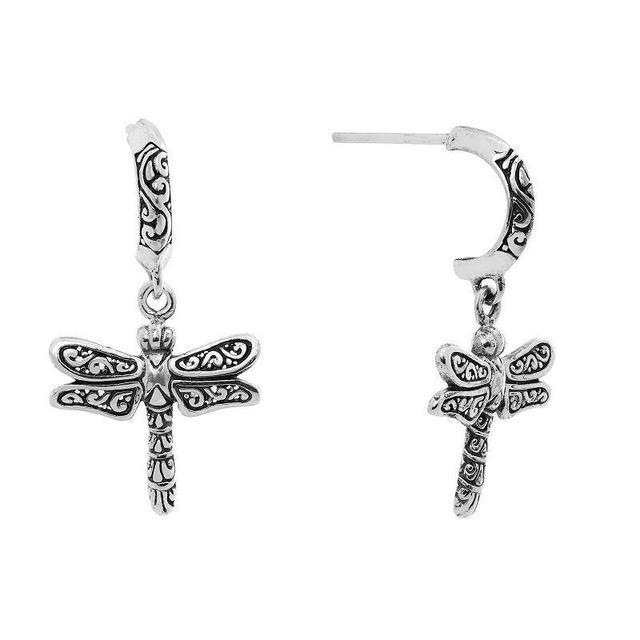 Main and Sterling Oxidized Sterling Silver Dragonfly Drop Hoop Earrings, Womens, White Product Image