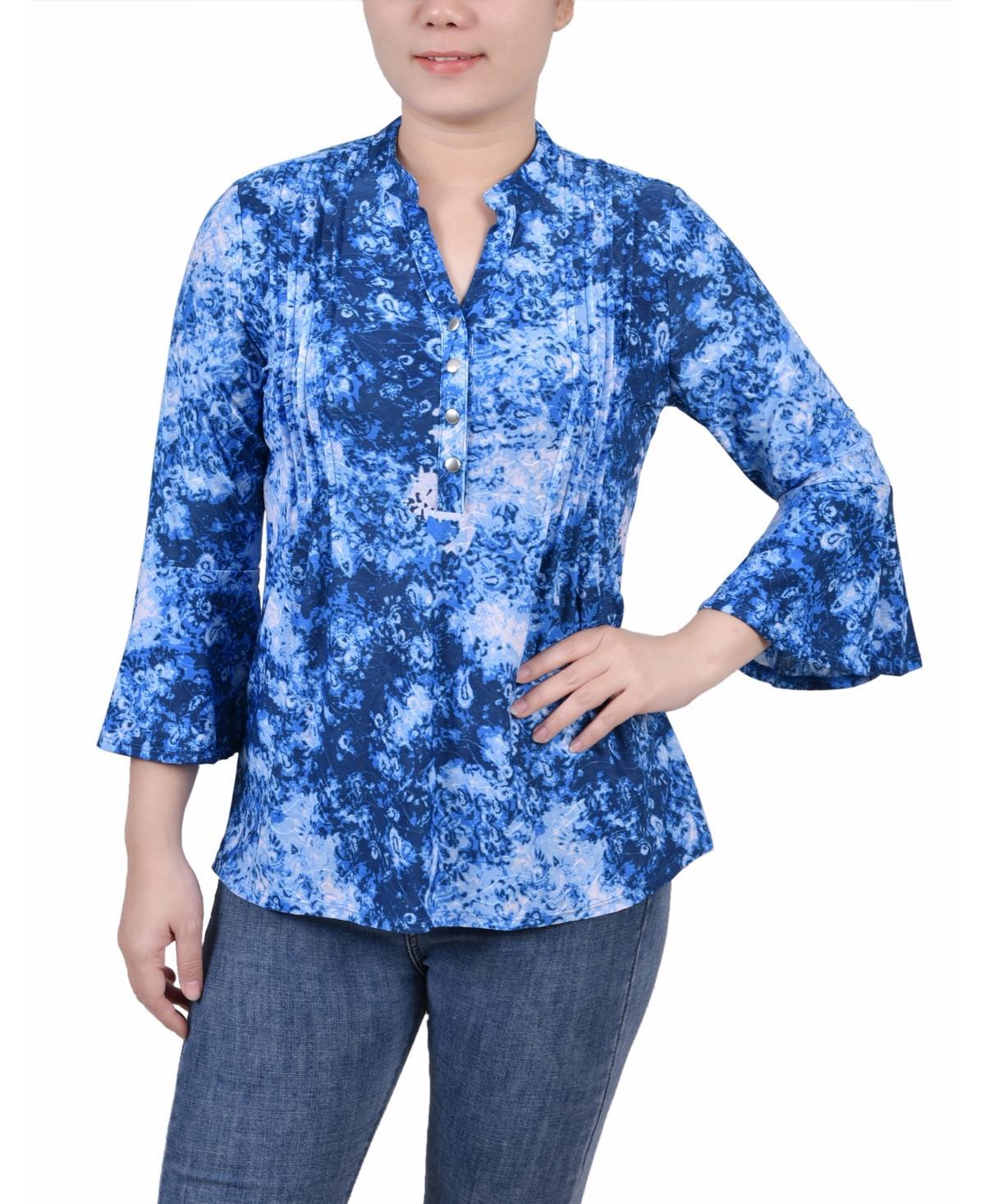 Ny Collection Petite 3/4 Bell Sleeve Printed Pleat Front Y-neck Top Product Image