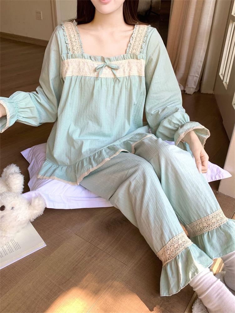 Pajama Set: Puff-Sleeve Lace Trim Ruffled Bow Shirt + Pants Product Image