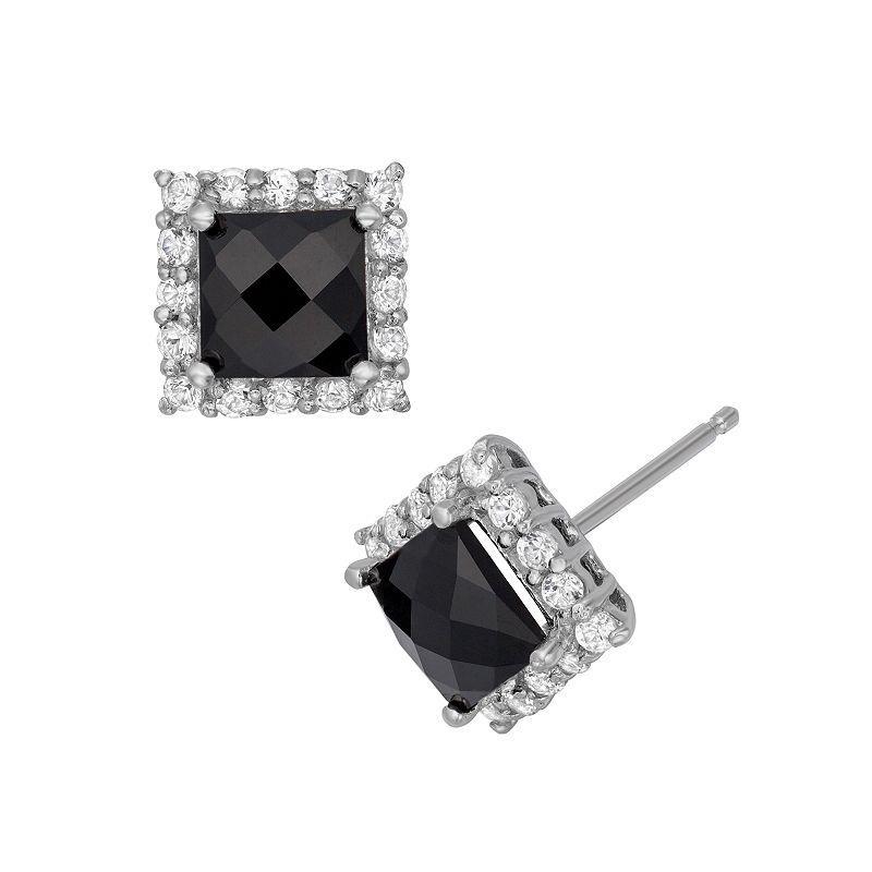 Sterling Silver Onyx and Lab-Created White Sapphire Square Halo Stud Earrings, Womens, Black Product Image