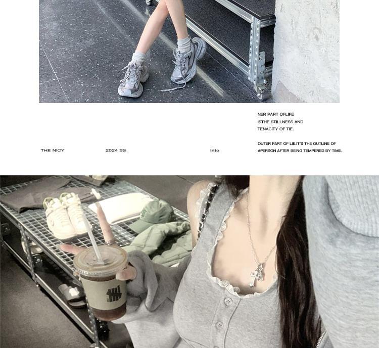 Plain Zip Hoodie / Scoop Neck Lace Trim Button Tank Top / High Waist Sequin Mini Pencil Skirt Product Image