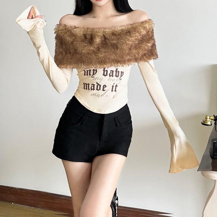 Long-Sleeve Off-Shoulder Lettering Print Fluffy Panel Slim Fit Crop Tee Product Image