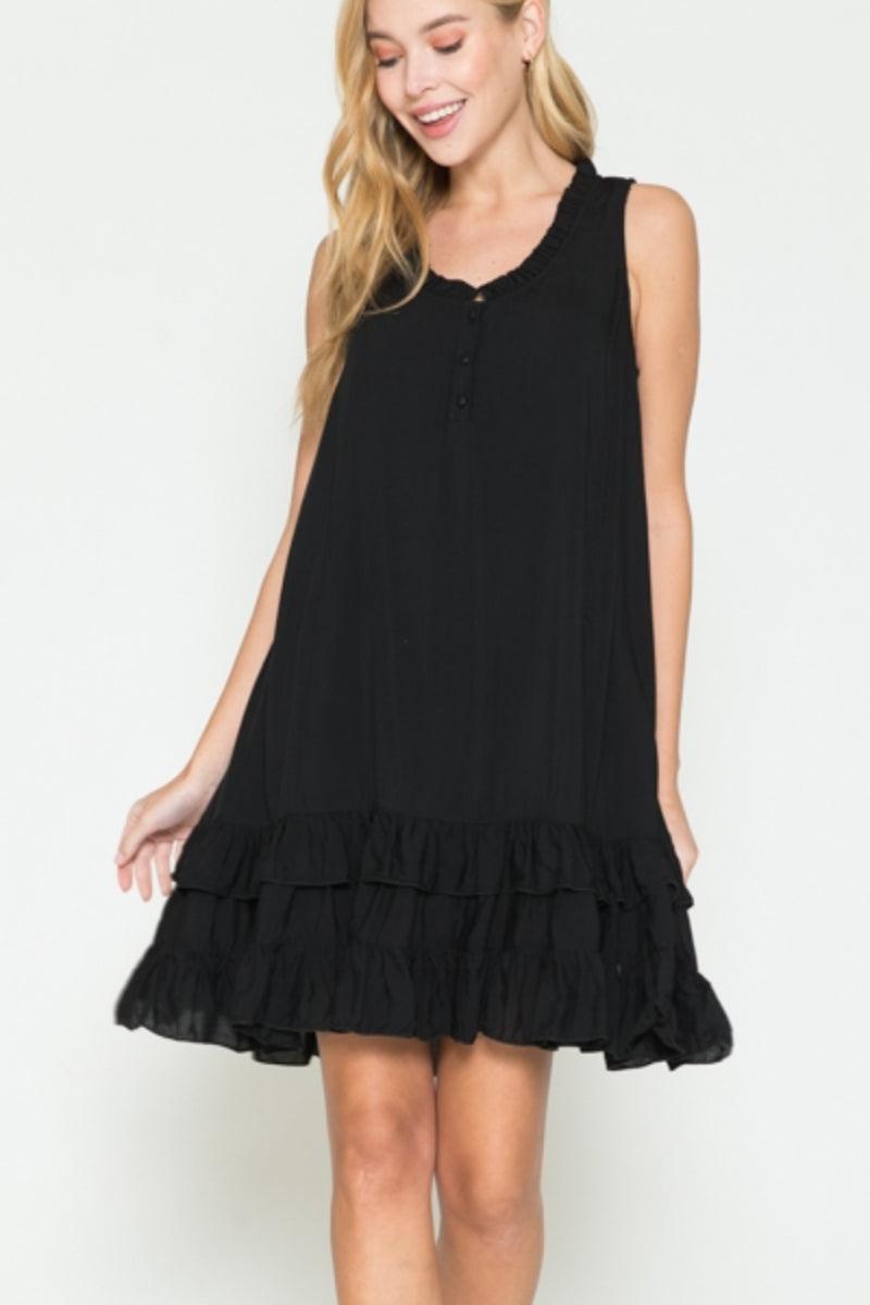 Ruffle Trimmed Sleeveless Dress - Black Product Image