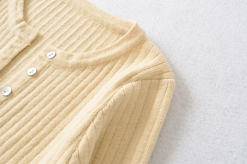 Long-Sleeve Plain Ribbed Henley Knit Top Product Image