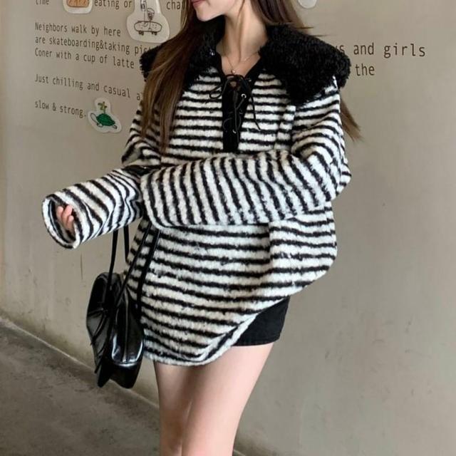 Fluffy Collar Striped Lace-Up Sweater Product Image