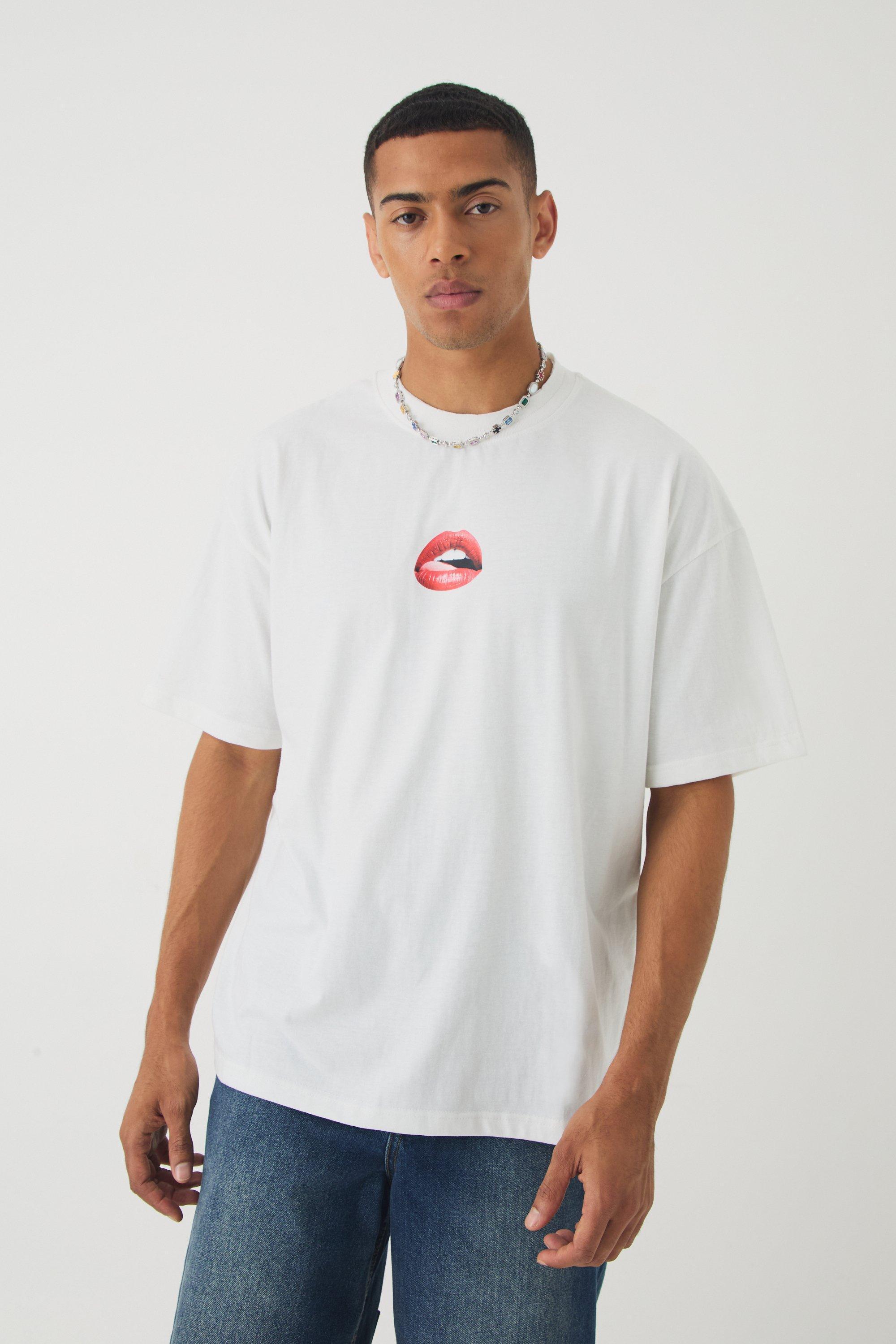 Mens White Oversized Peached Heavyweight Lips Graphic Distressed T-shirt, White Product Image