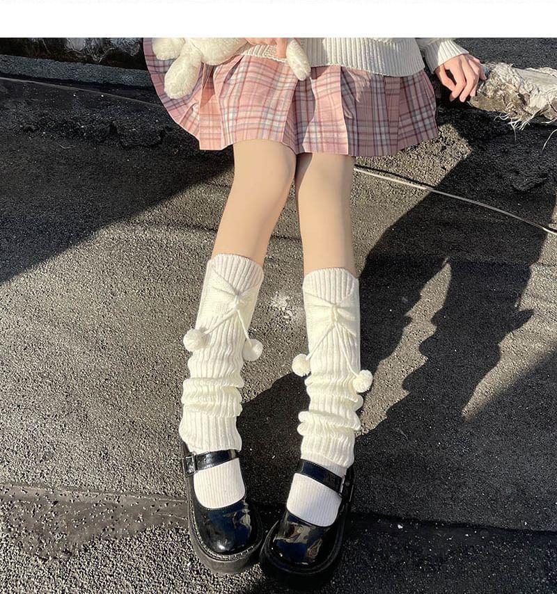 Plain Bow Pom Pom Ribbed Knit Leg Warmers Product Image