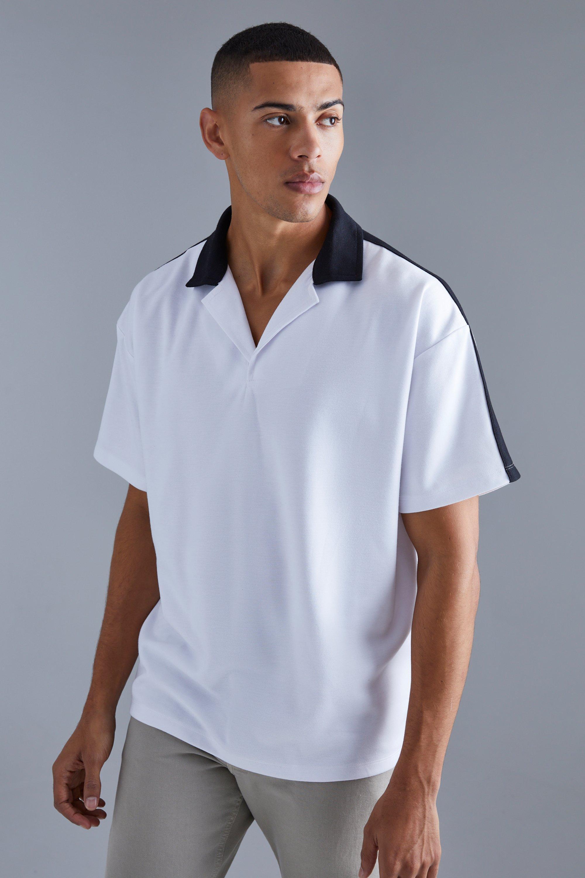 Mens White Oversized Revere Taped Polo, White Product Image