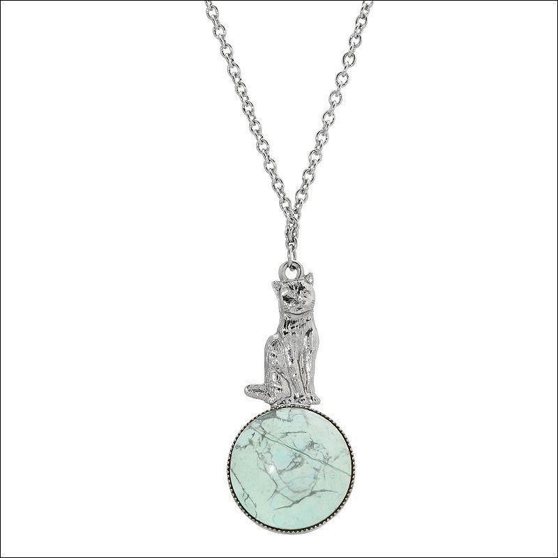 1928 Silver Tone Turquoise Cat Pendant Necklace, Womens Product Image