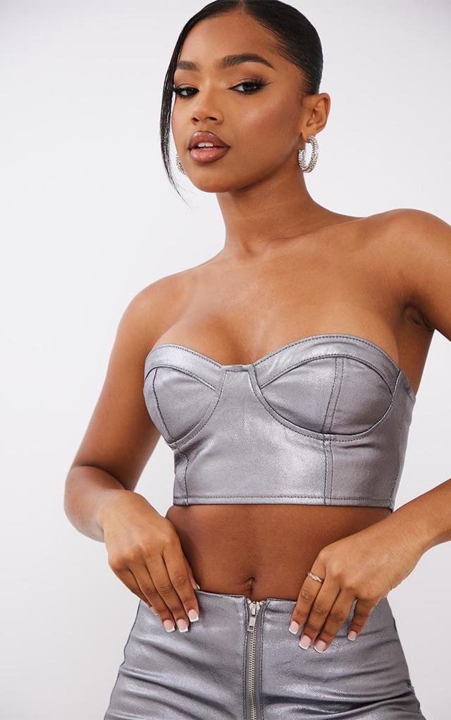 Gunmetal Metallic Look Coated Denim Bandeau Top Product Image