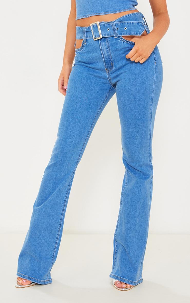 Light Blue Wash Belted Flared Jeans Product Image