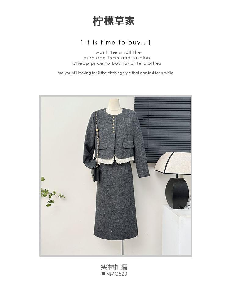 Set: Lace-Hem Tweed Blazer + Slited Midi Skirt Product Image