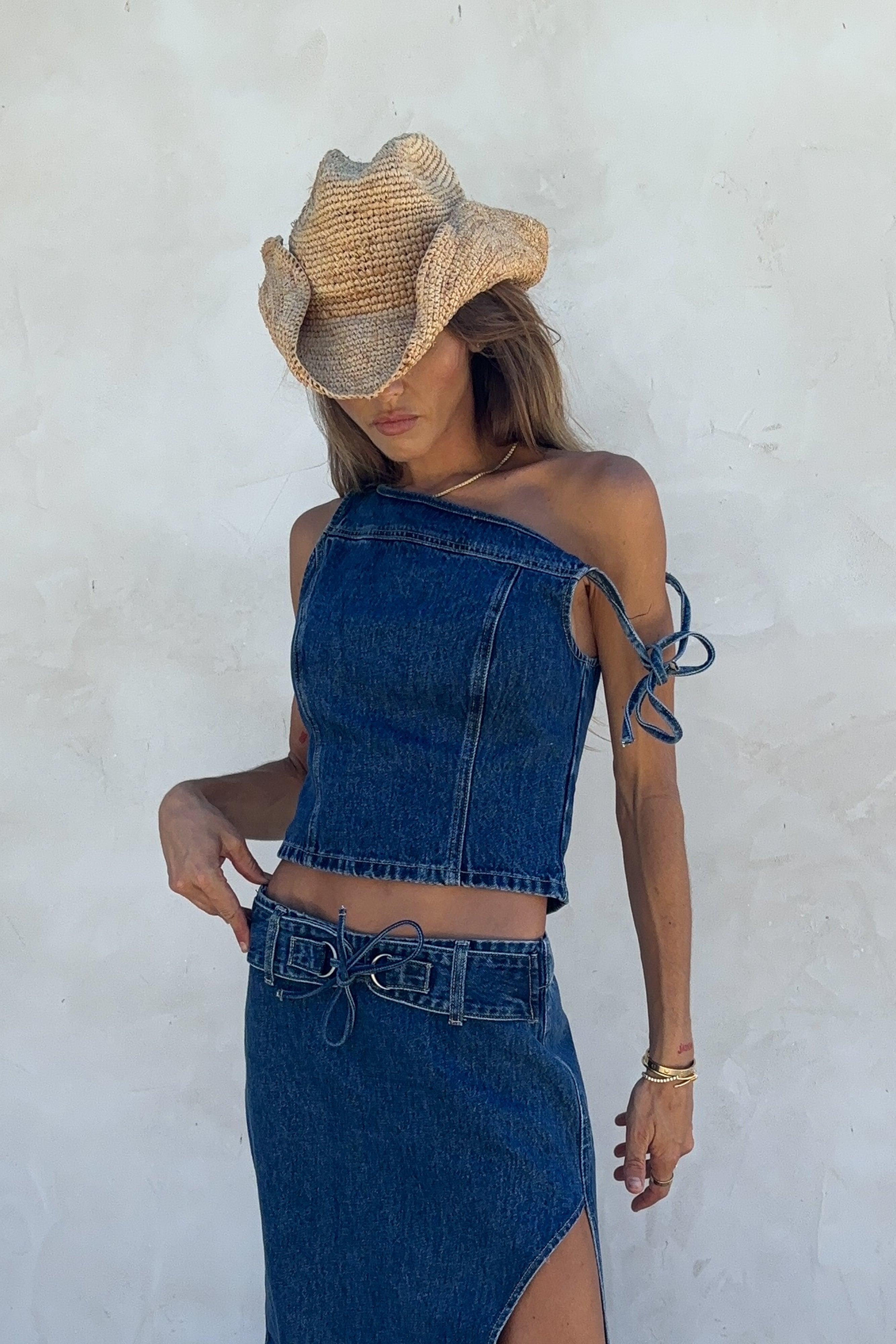 Ramsey Denim Off Shoulder Top - Dark Blue Product Image