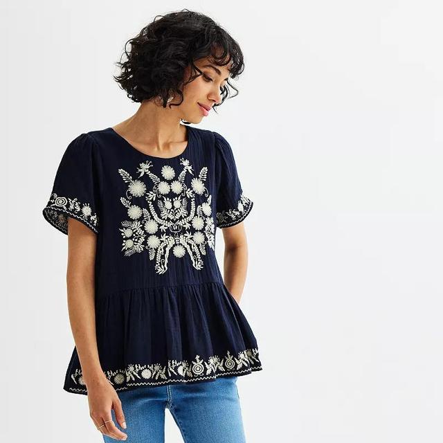 Womens Farmers Market Embroidered Peplum Top Blue Product Image