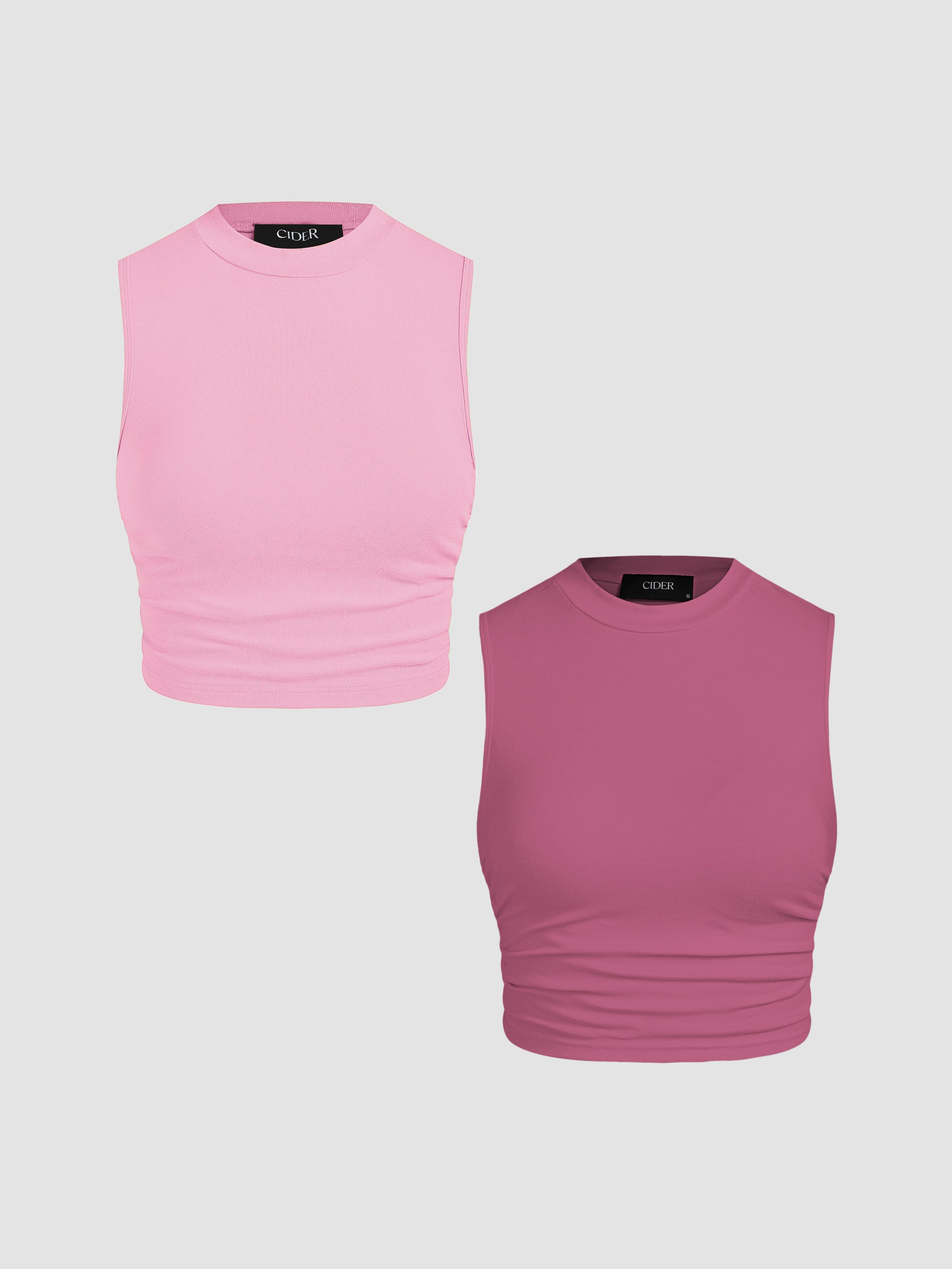  2 Pack Round Neck Solid Ruched Crop Tank Top Product Image