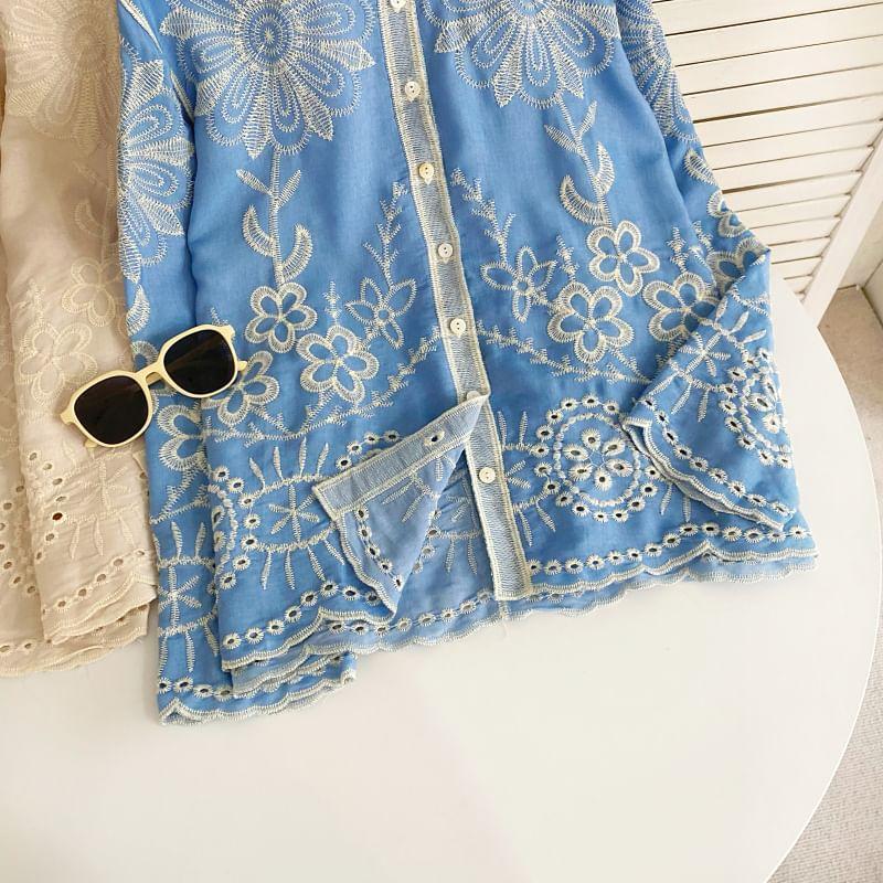 Long-Sleeve Collared Floral Embroidered Eyelet Button-Up Blouse Product Image