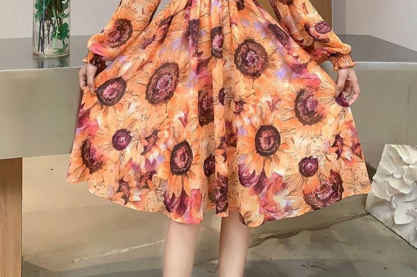 Puff-Sleeve Floral A-Line Dress Product Image