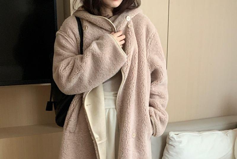 Stand Collar Faux Shearling Midi Double Breasted Coat Product Image