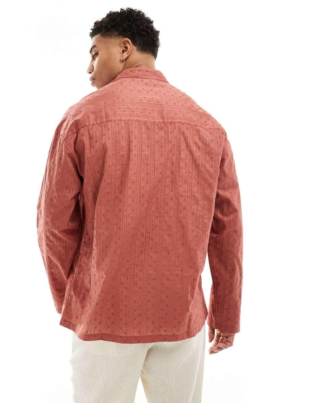 ASOS DESIGN 90s overhead cotton jacquard shirt in rust brown Product Image