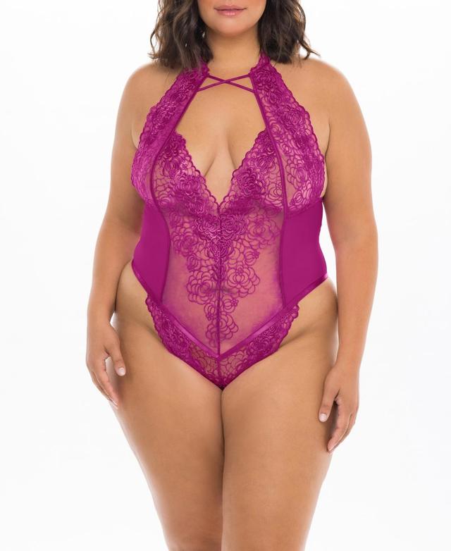 OH LA LA CHERI Womens Plus Abrielle Lace & Mesh Teddy - Festival Pink Product Image