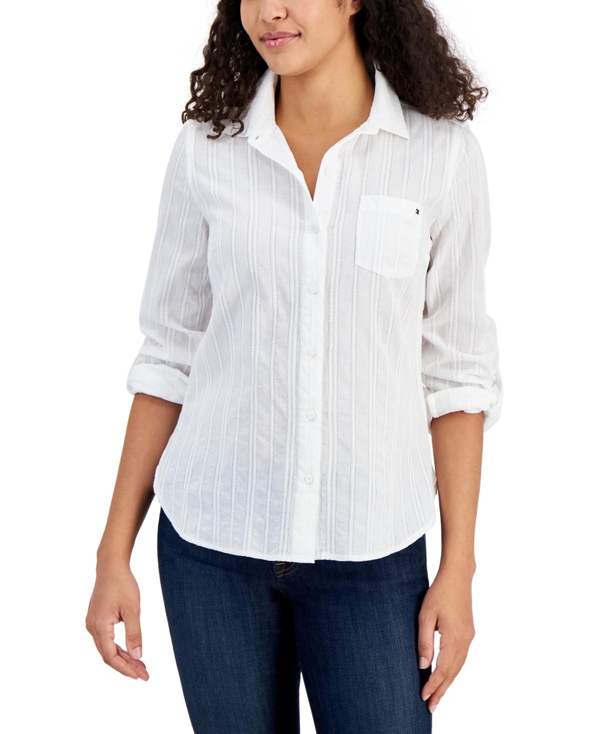 Tommy Hilfiger Womens Textured Button-Front Roll-Tab-Sleeve Top Product Image