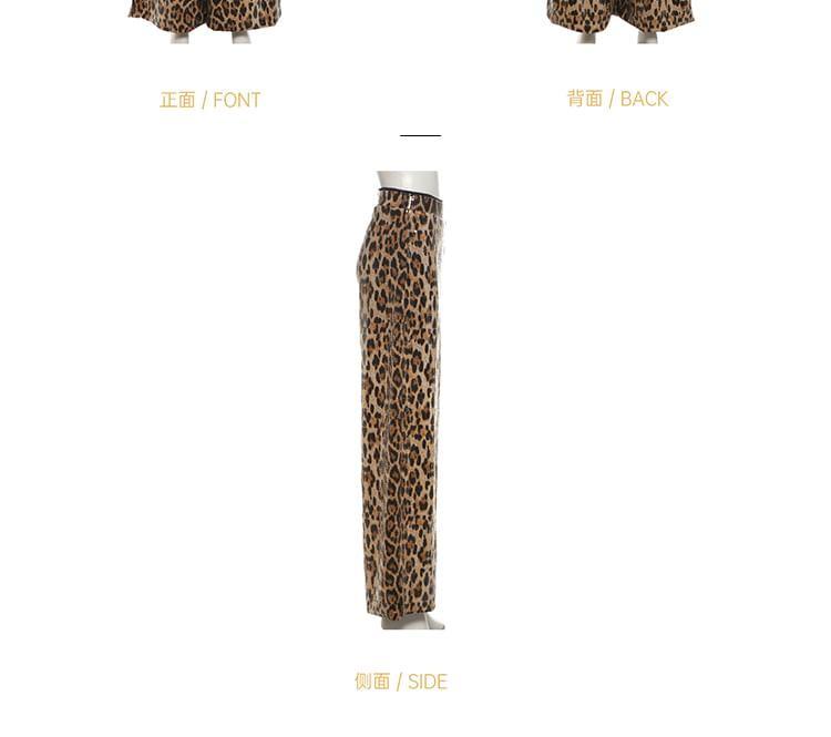 High Waist Leopard Print Sequin Wide Leg Pants Product Image