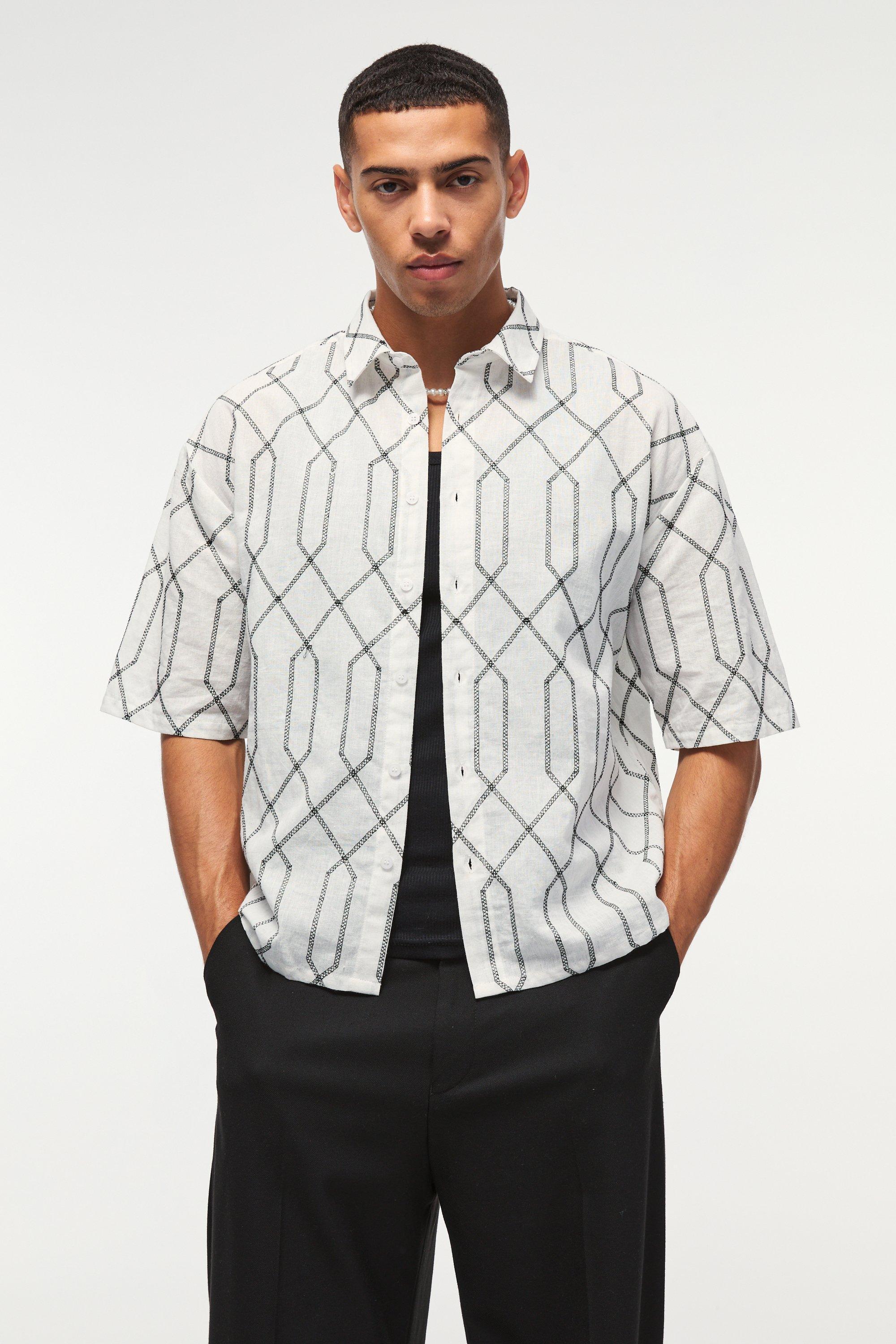 Oversized Short Sleeve Embroidered Boxy Shirt | boohooMAN USA Product Image