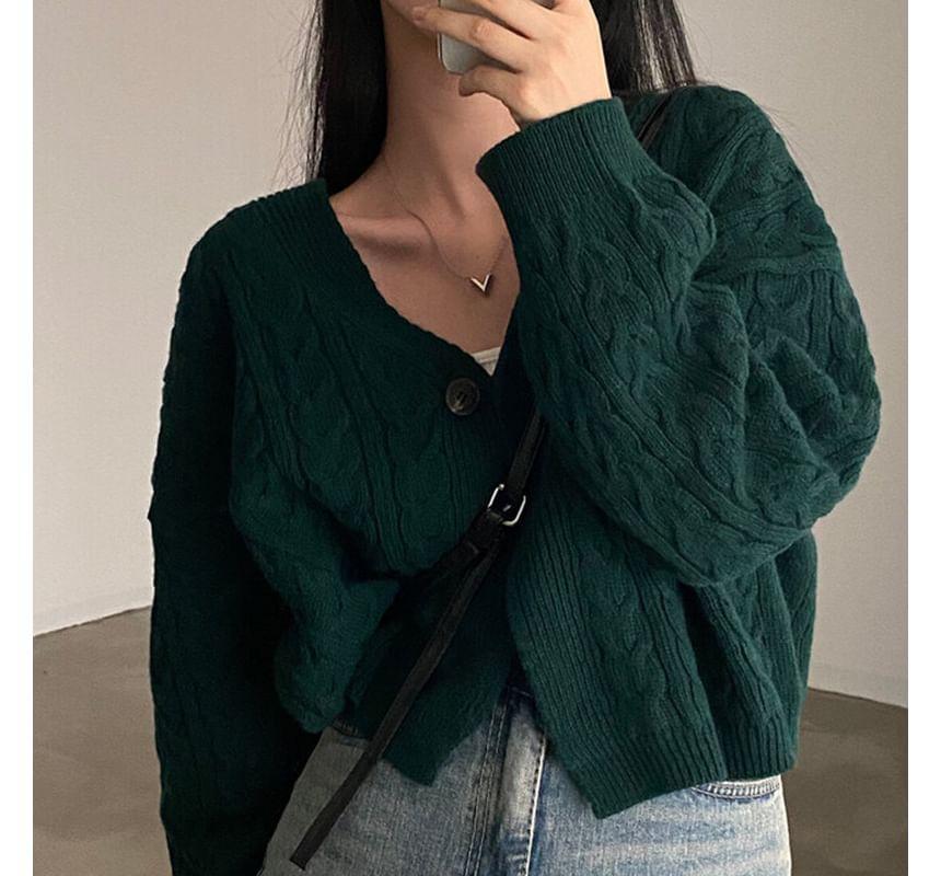 V-Neck Plain Cable Knit One-Buttoned Crop Cardigan product image