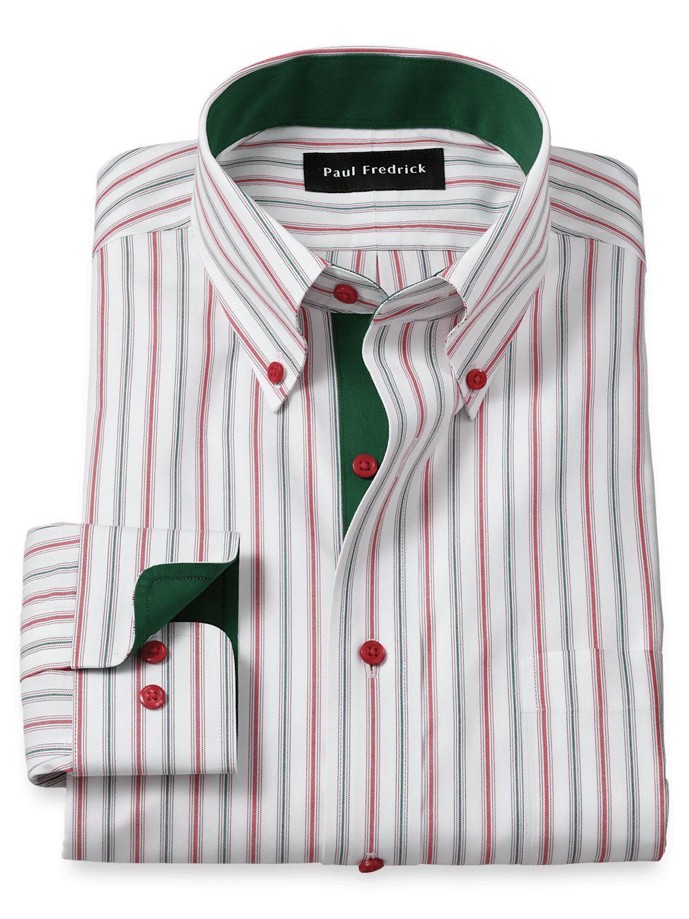 Non-Iron Cotton Stripe Dress Shirt With Contrast Trim - Red/green Product Image