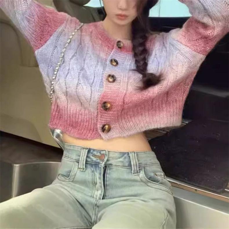 Crew Neck Gradient Cable Knit Button-Up Crop Cardigan Product Image