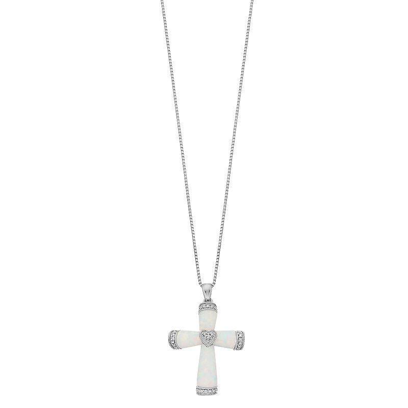 Gemminded Silver Tone Lab-Created Opal & Diamond Accent Cross Necklace, Womens Sterling Product Image