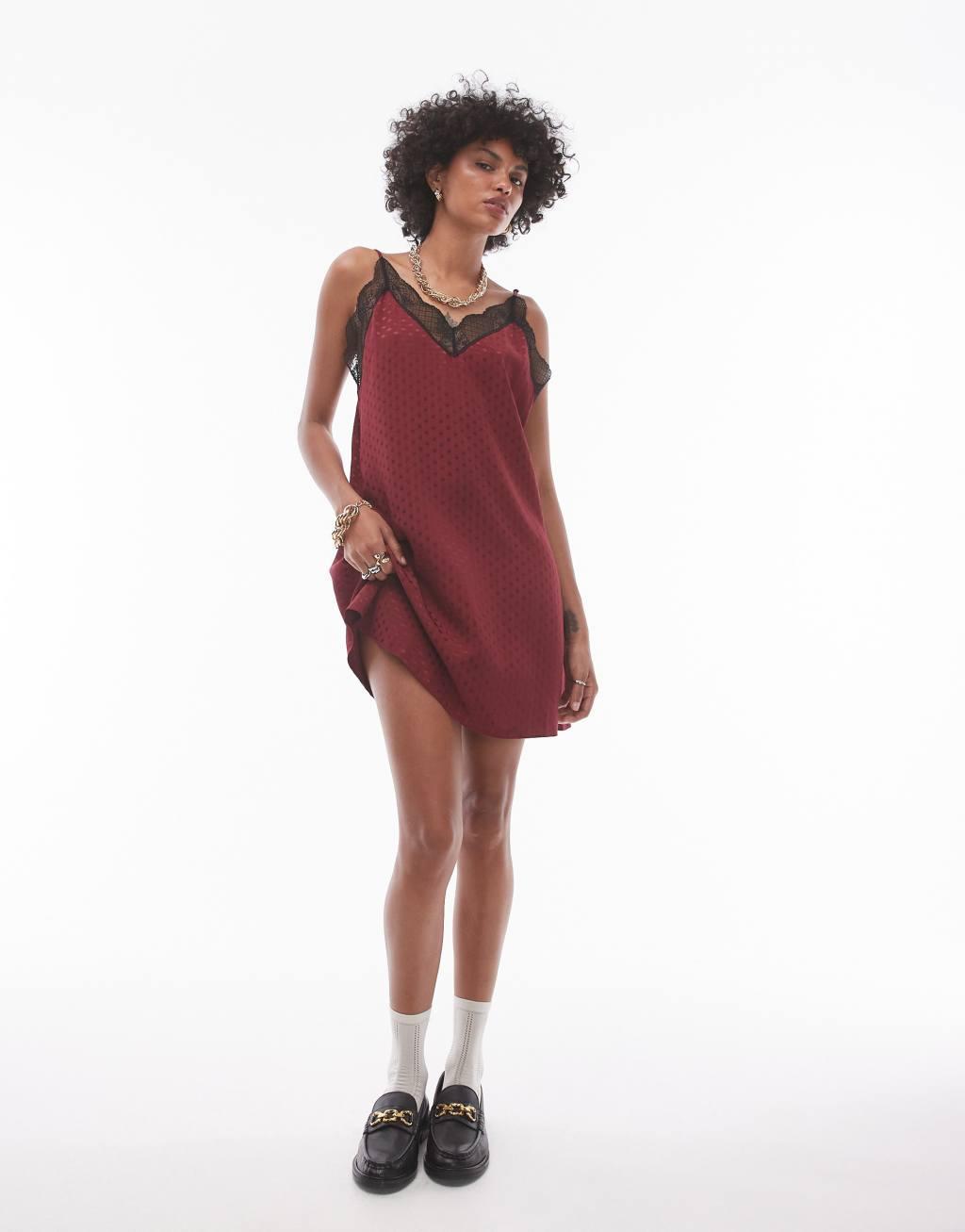 Topshop jacquard lace trim mini slip dress in burgundy Product Image