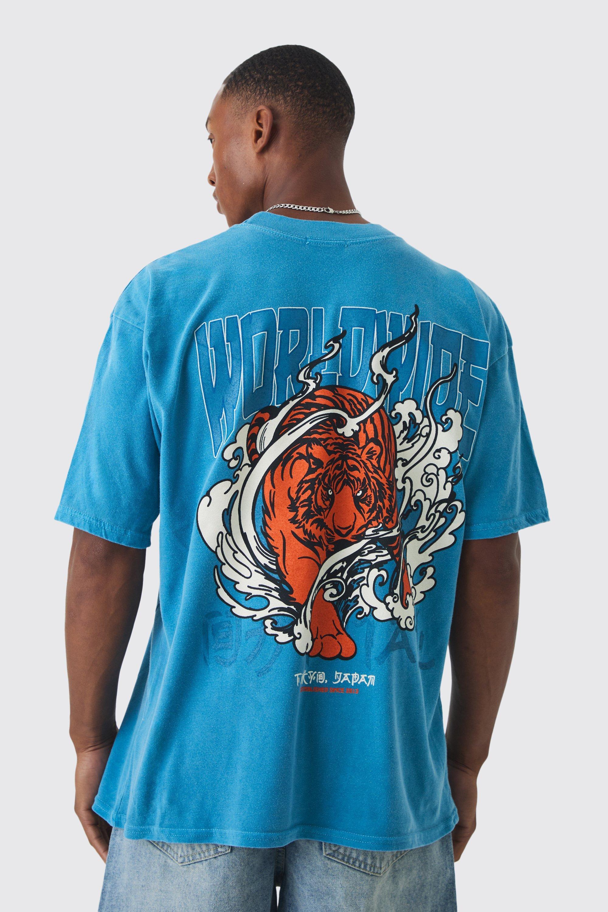 Mens Blue Oversized Worldwide Tiger Wash Graphic T-shirt, Blue Product Image